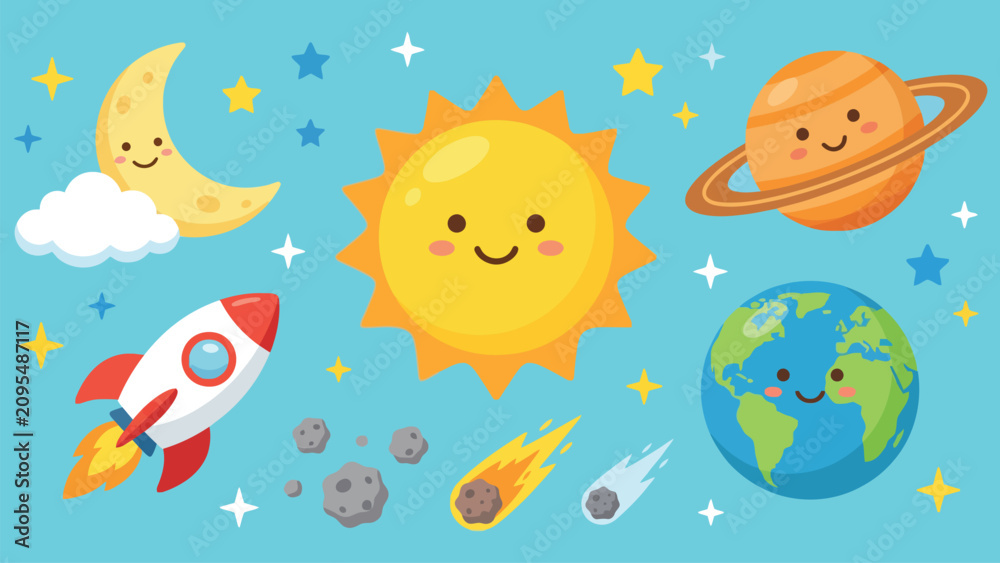 Obraz premium Cute Cartoon Space Set Featuring Smiling Sun Moon Planet Rocket Ship Earth And Shooting Stars Elements