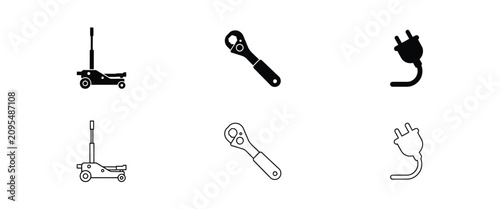Six displaying a hydraulic floor jack, a ratchet wrench, and an electrical plug on white space