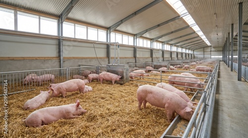 Piglets Feeding and Resting in Modern Farm Barn