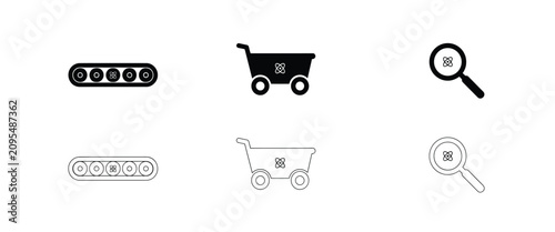 Six featuring a conveyor belt, a shopping cart, and a magnifying glass with a central symbol production