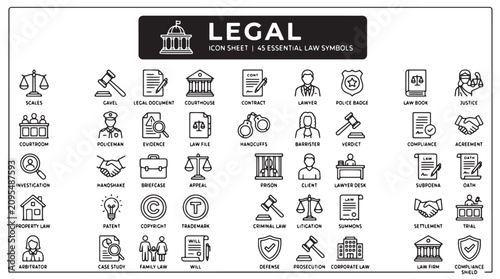 Law, legal, icons, set, 40 symbols, law firm, legal documents, illustration