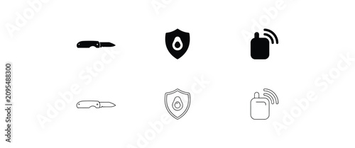 Six showing a folding pocket knife, a shield with an avocado, and a radio transmitter device blade