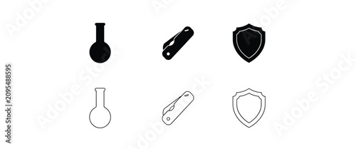 Black and white set featuring a round bottom flask, a folding pocket knife, and a protective shield