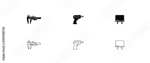 Caliper, laser level, and whiteboard in solid black and thin line outline styles on white back tool
