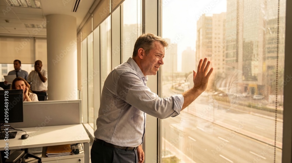 Fototapeta premium Stressed businessman with sweat stains looking out window in hot office during urban heatwave.