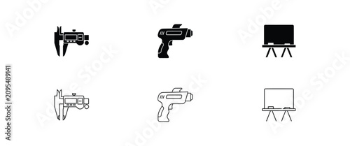 Caliper, power drill, and whiteboard in solid black and thin line outline styles on white back tool