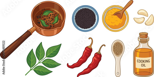 Schilderij op canvas Indian Spice Tempering Vector Set Featuring Tadka Pan with Mustard Seeds Curry L