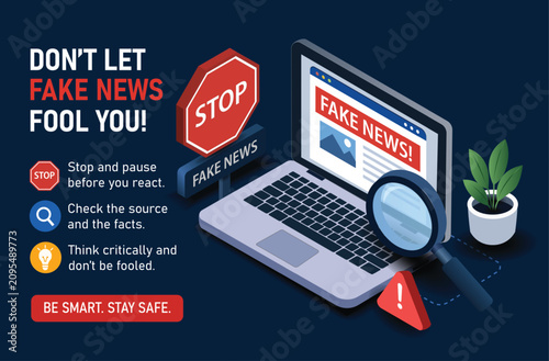 Conceptual Illustration Highlighting the Dangers of Fake News with Laptop and Magnifying Glass