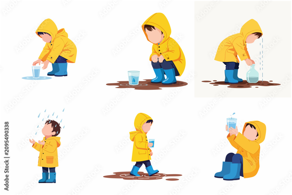 Obraz premium Set of flat vector illustrations of a child in a yellow raincoat and blue boots playing with water and raindrops