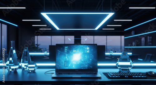 Futuristic Office Workspace With Neon Lights And Advanced Technology
