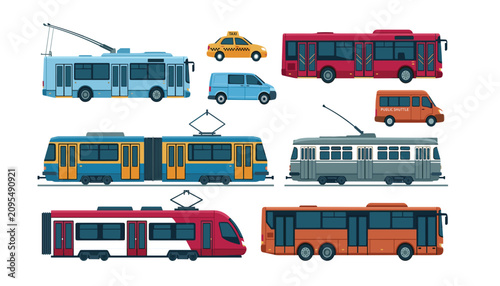 Fotografija Public urban transport flat vector illustration set featuring modern city buses