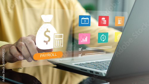 Business user managing digital payroll, salary calculations and employee compensation with financial dashboard, accounting tools and secure payment management system.