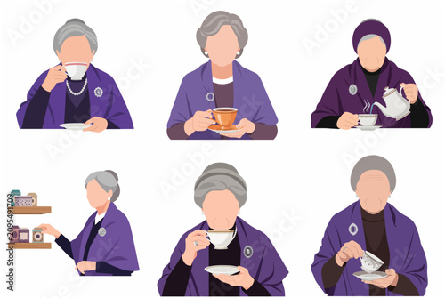 Foto Set of Flat Vector Illustrations of an Elegant Elderly Woman Enjoying Tea in Var