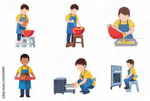 Foto Illustration set of a little boy baking a cake step by step in the kitchen