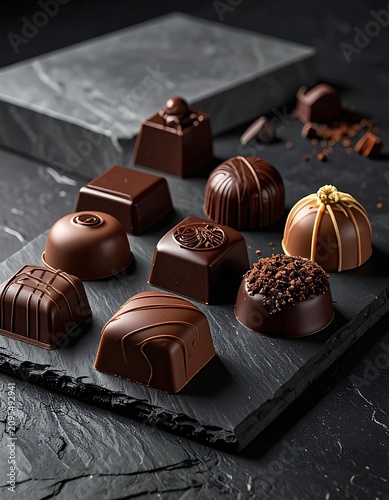 Assorted chocolate sweets on slate board.