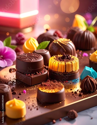 Assorted chocolate sweets on tray.