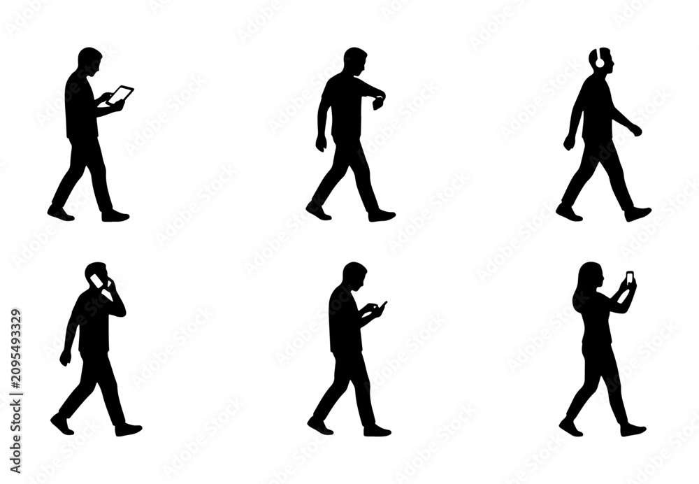 Obraz premium Silhouette People Walking with Devices, Mobile Phone, Tablet, Headphones, Digital Technology Icons, Modern Lifestyle Collection