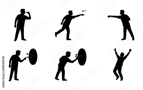 Bild auf Leinwand Dart Player Silhouette Set: Action Poses, Throwing, Winning Celebration, Sports
