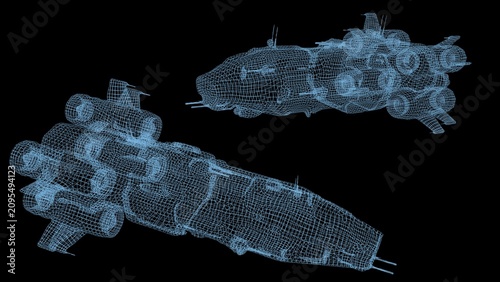 Foto 3D digital model blueprint of a futuristic cosmic mothership with multiple thrusters