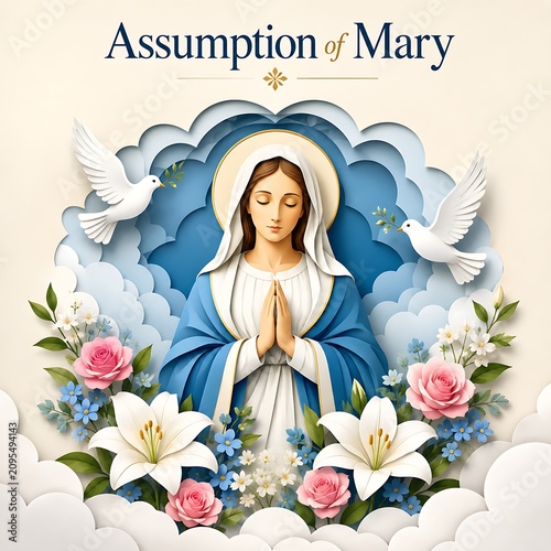 Assumption of mary with flowers and clouds