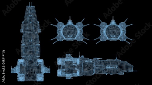 Fotografie 3D digital model blueprint of a futuristic cosmic mothership with multiple thrusters