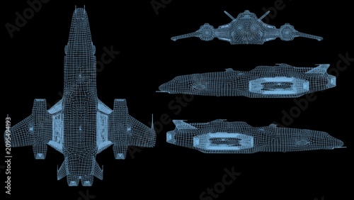 Fotografie 3D digital model blueprint of a futuristic cosmic mothership with multiple thrusters