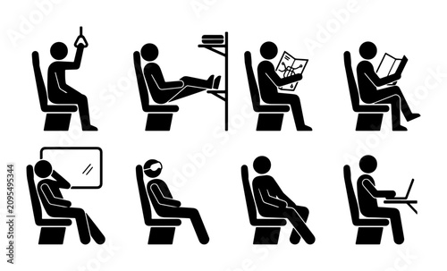 Diverse Stick Figure Passengers, Seated Positions, Travel Activities, Vector Icons Set