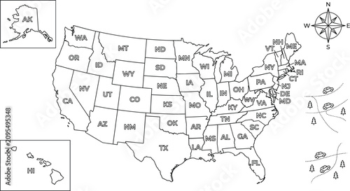 Bild auf Leinwand United States map vector outline with state abbreviations compass rose and road