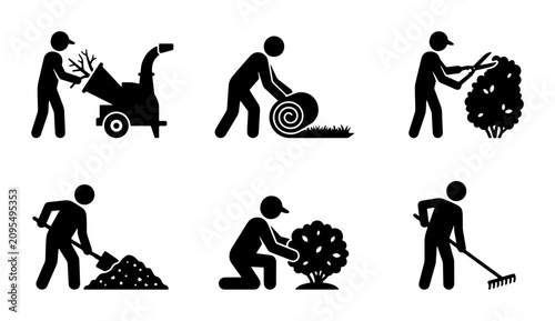 Obraz na płótnie Gardening and Landscaping Icons: Lawn Care, Tree Trimming, Mulching, and Wood Ch