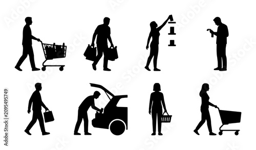 Foto Diverse Shopper Silhouettes Collection: Retail, Groceries, and Car Loading Vecto