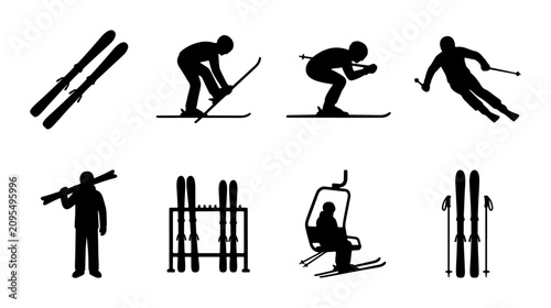 Skiing Silhouette Icons Set, Winter Sports Action Poses, Equipment Graphics, Snowboarding Vector Collection for Outdoor Adventure and Recreation