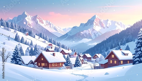 Snowy Mountain Village Winter Landscape Scene.