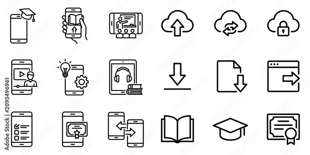 Fototapeta premium Digital learning and cloud education icon set with education learning smartphone technology software download document training academic