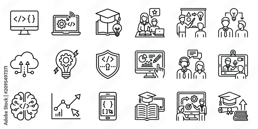 Fototapeta premium Set of education and technology line icons for online learning and software development with education technology learning software development