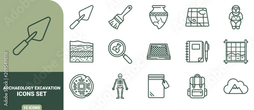 Принти на полотні Archaeology excavation icon set featuring trowel, pottery, soil layers, skeleton