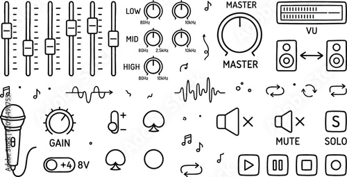 Audio Mixer Icon Set with Fader Sliders, Master Volume Knob, VU Meter, Microphone, Mute, Solo, and Playback Symbols