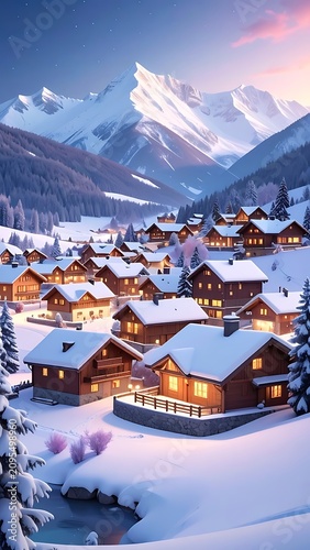 Snowy mountain village at dusk serene.