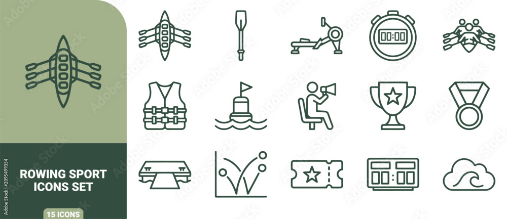 Fototapeta premium Rowing sport icon set featuring sculling boats, oars, life jackets, trophies, medals, stopwatches, and training equipment in dark green line style