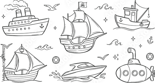 Tableau sur toile Ship boat submarine water transport icon set vector illustration line art doodle