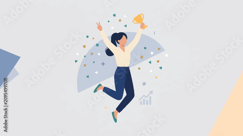 Canvastavla Happy Woman Jumping with Golden Trophy Celebrating Business Success and Achievem