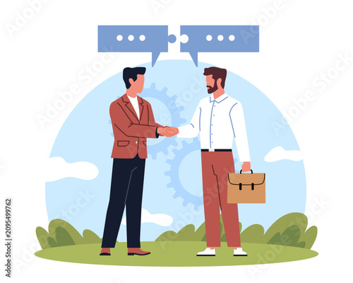 Business partnership and professional communication. Two businessmen shaking hands, teamwork, negotiation and successful cooperation, greeting with client vector cartoon isolated concept
