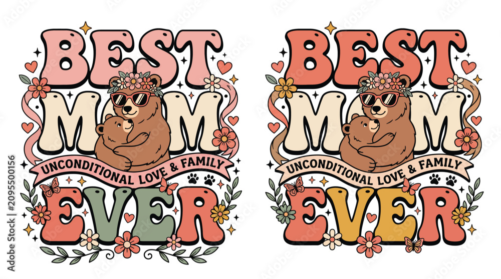 Fototapeta premium Retro groovy Mothers Day sublimation graphic design with a mother bear hugging her baby cub and flowers for best mom ever.