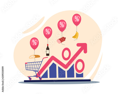 Rising prices and inflation. Shopping cart, food products and growing percentage chart, living increase cost, grocery inflation, retail market promotion, vector cartoon isolated concept