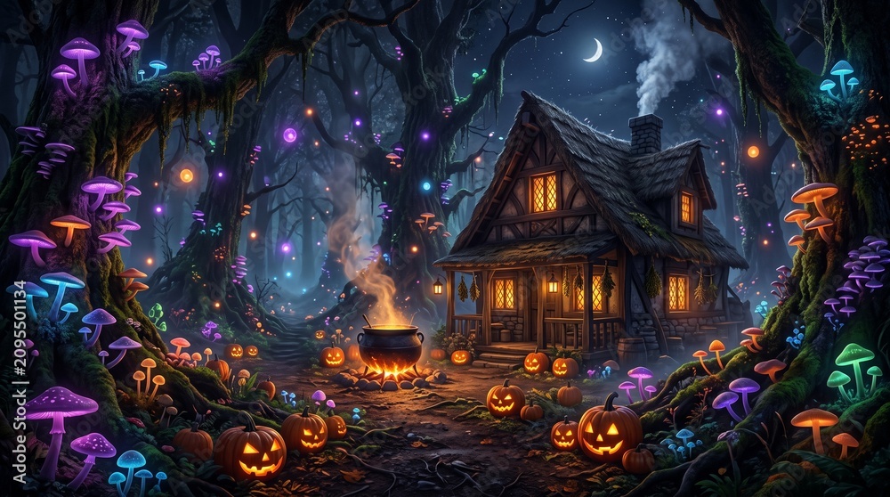 Obraz premium Enchanted forest with witch cottage, Halloween theme Background
