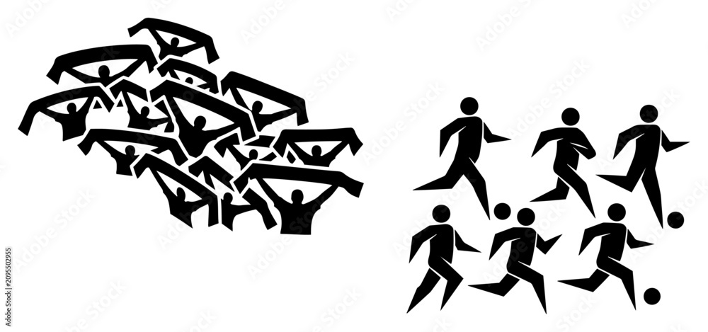 Fototapeta premium Football players silhouettes and cheering fans with scarves for sport event
