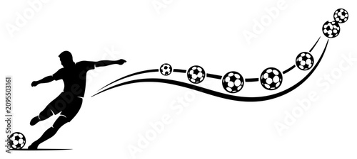 Cuadro en lienzo Soccer player silhouette kicking ball with dynamic motion trajectory trail on wh
