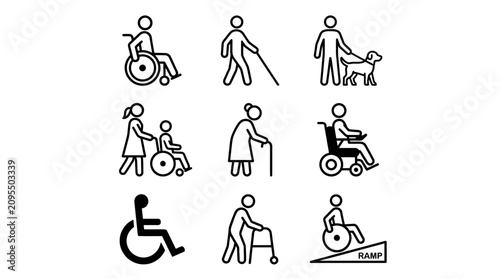 Minimalist vector illustration of nine accessibility icons showing mobility aids, wheelchairs, canes, guide dogs, and ramps promoting inclusivity.