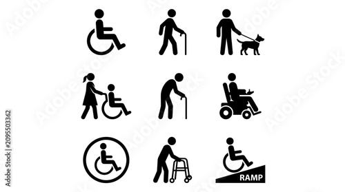 Minimalist vector illustration of nine accessibility icons showing mobility aids, wheelchairs, canes, guide dogs, and ramps promoting inclusivity.