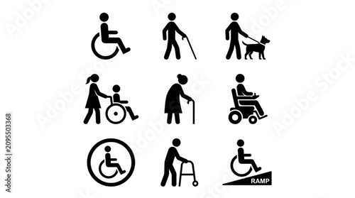 Minimalist vector illustration of nine accessibility icons showing mobility aids, wheelchairs, canes, guide dogs, and ramps promoting inclusivity.