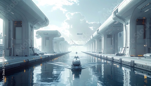 Futuristic cityscape with canal and boat.